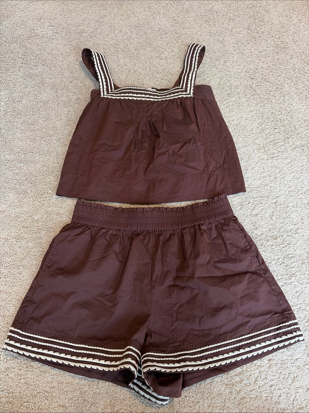Caroline Constas Brown Cream Embroidered Shorts Tank Top Shirt Set Medium